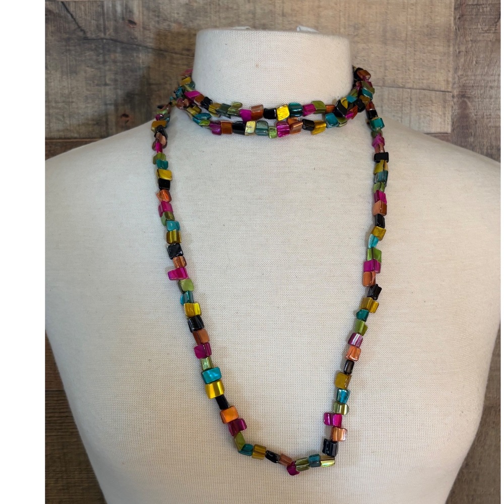 Multicolor Square Shell Bead Necklace Long 60 Inch Iridescent Mother of Pearl